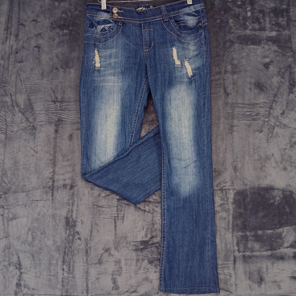 Ten25 Premium Jeans Womens 33x32x9 Blue Distressed Rhinestone Crown Back Pockets